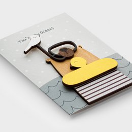  Handmade wooden love card with yellow boat, ocean waves, romantic greeting, 3D design, nautical theme.