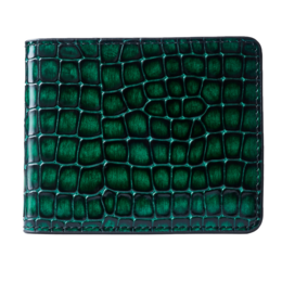 Green genuine leather wallet with croc-print pattern.