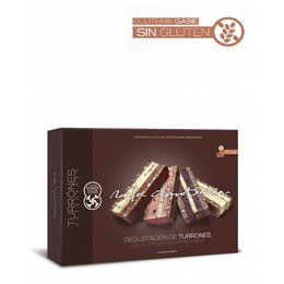A box of gluten-free nougat-flavored chocolate bars. The chocolate bars are dark brown in color and have a textured surface, indicating a nougat or caramel filling. The packaging prominently displays the "Sin Gluten" (Gluten-Free) label, making it clear that this is a gluten-free product.