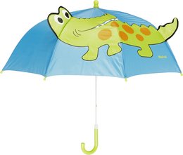 "Blue and green umbrella with a crocodile design, suitable for babies and toddlers. Features a round, tall shape and a playful, animal-inspired style."