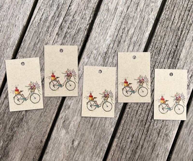 5 x gift tags | Colorful flower bike | 5 Set on grass paper | 85 x 55 mm