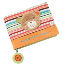  Colorful photo album with a plush bear design, suitable for storing baby photos. The album features a soft, textured cover with vibrant stripes and a cute bear applique.