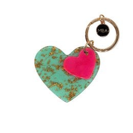 Turquoise heart keychain with gold leaf pattern and hot pink accent, decorative metal ring charm.