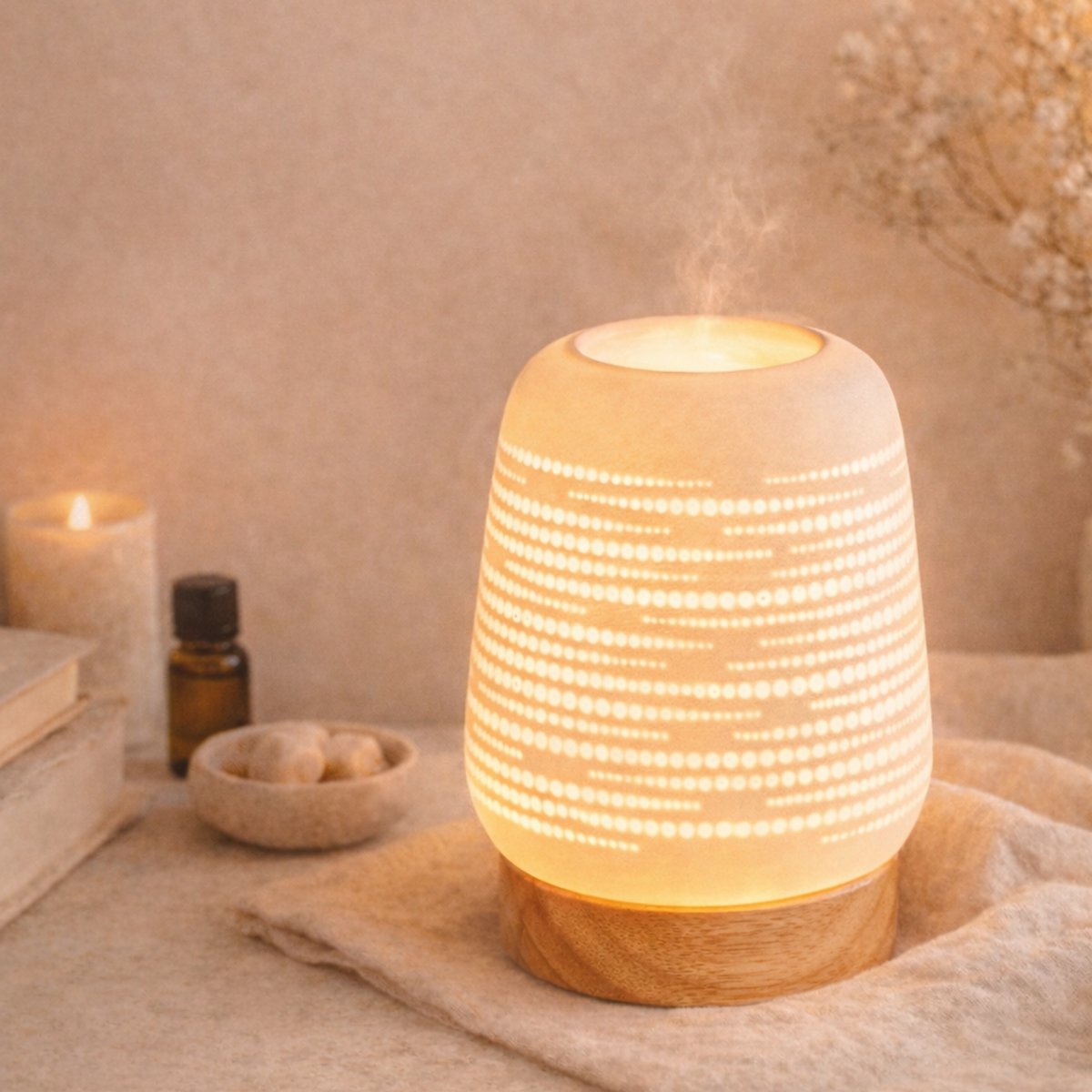 Calorya Quemador de Cera Perfumada n°16 - Quemador de Perfume Eléctrico para Fondant Perfumado - Elegante Lámpara de Perfume - Cerámica con Decoración Calada e Iluminación Ambiental