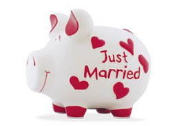 White ceramic piggy bank with red heart-shaped designs and the text "Just Married" printed on it. Suitable for storing money or as a wedding gift.