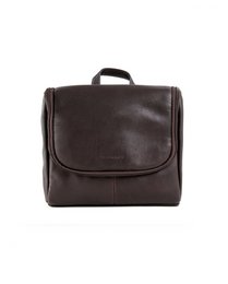A medium-sized leather makeup pouch in black, brown, and cognac colors. The pouch features multiple compartments and a zippered closure for convenient storage and organization of cosmetics and toiletries.