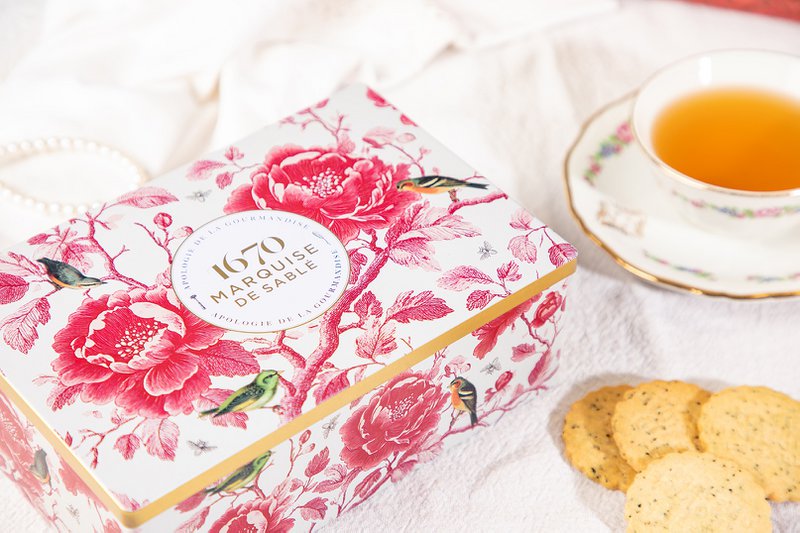Assortimento di biscotti di pasta frolla al lampone, mela, caramello e tè Earl Grey - Scatola di metallo "Oisellerie" 300g - Regalo di fine anno scolastico