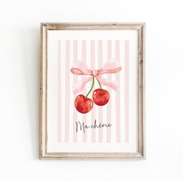 Ma Cherie print, cherry poster, cherry bow poster, Coquette print, pink girls room poster, girls nursery poster