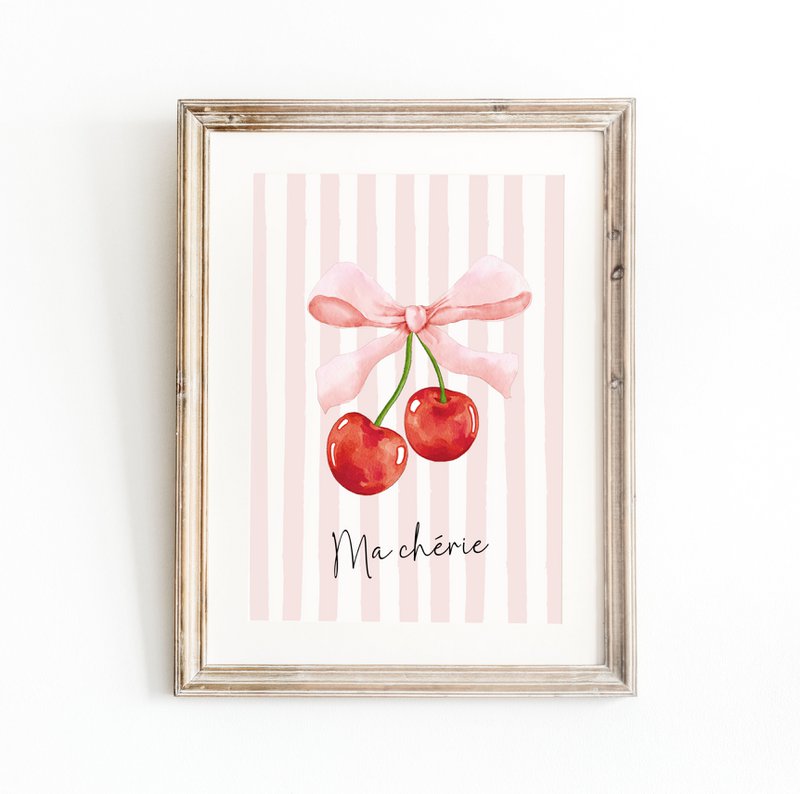 Ma Cherie print, cherry poster, cherry bow poster, Coquette print, pink girls room poster, girls nursery poster