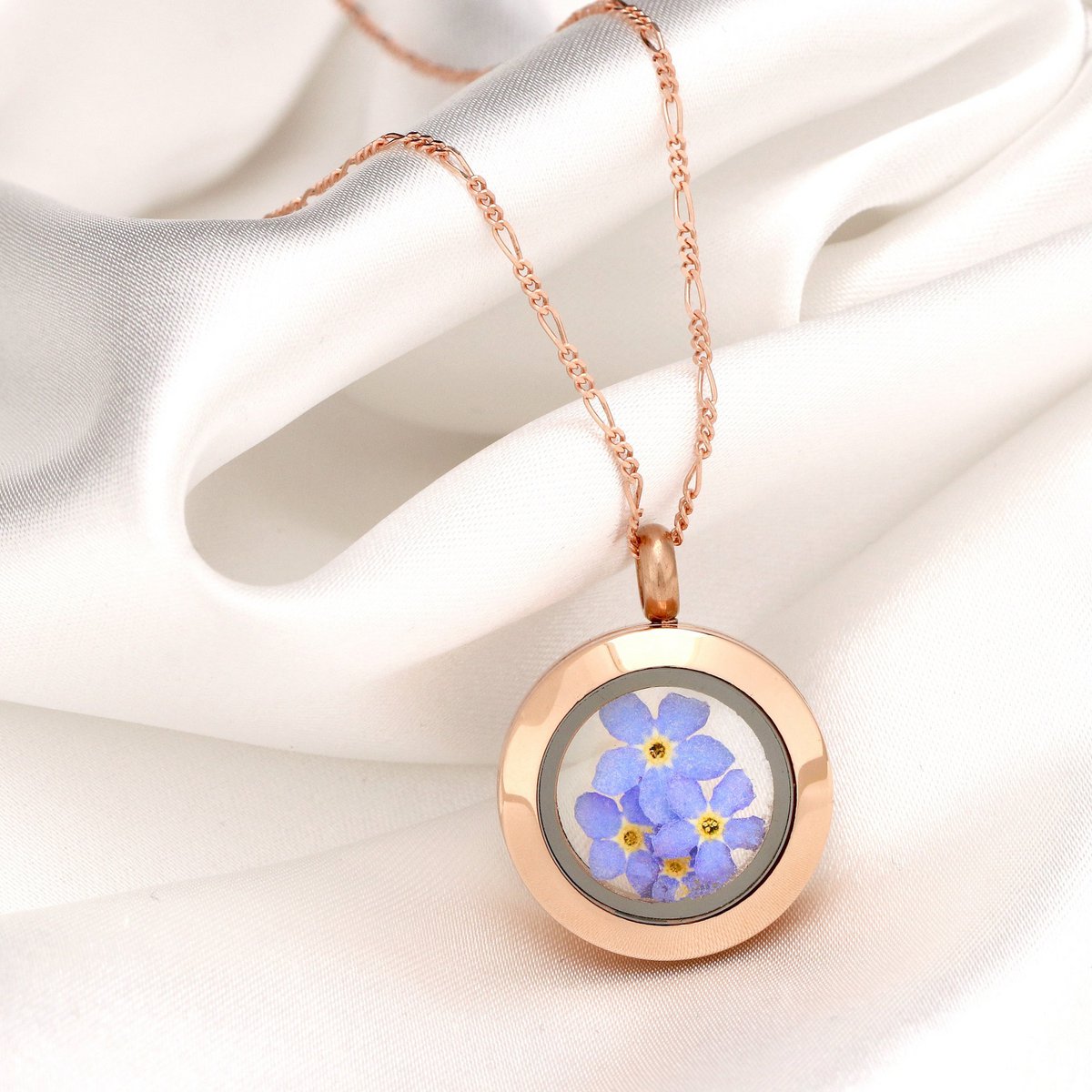 Rose Gold Plated Forget-Me-Not Medallion - 925 Sterling Gold Plated Necklace with Real Flowers - K925-126