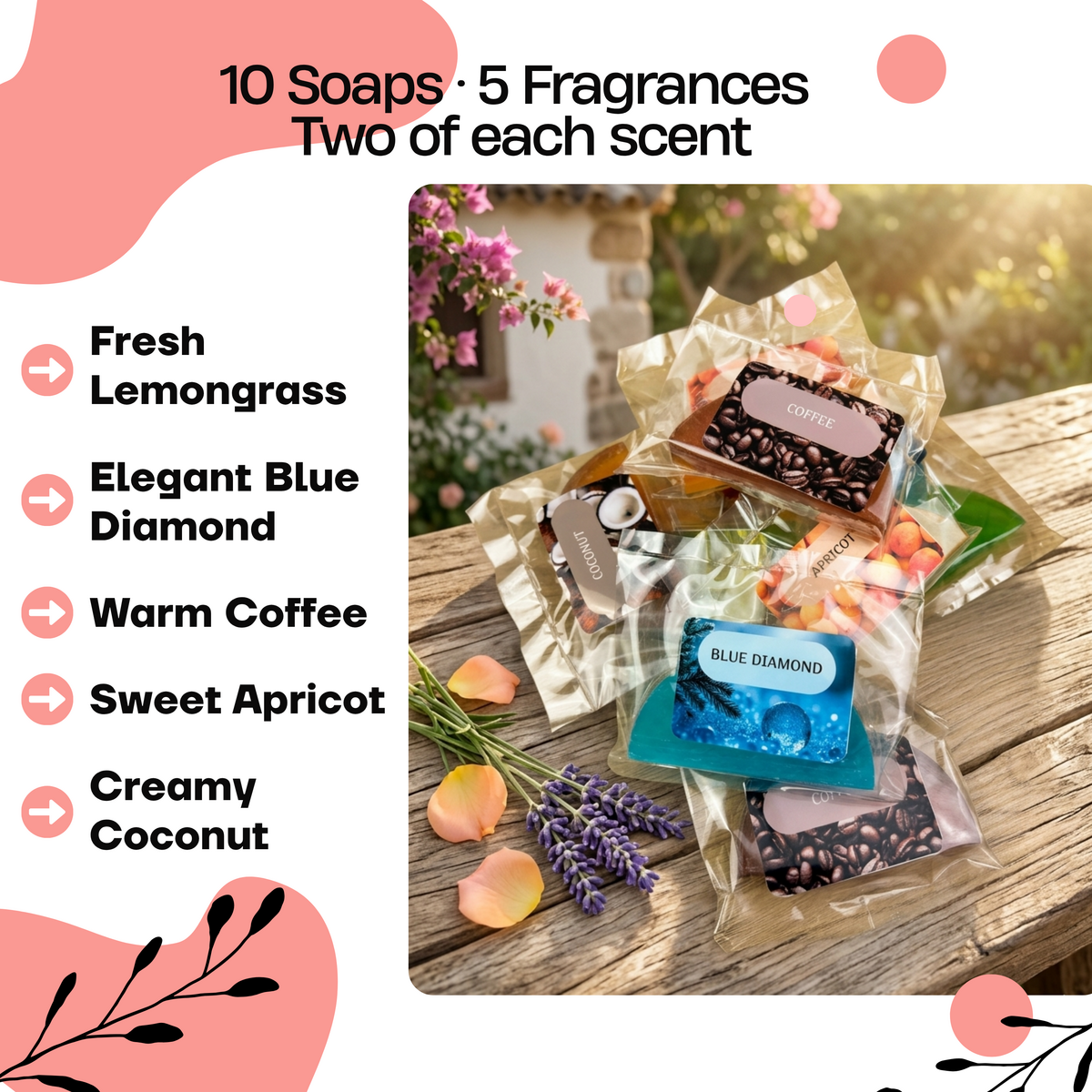 Set de jabón de glicerina: albaricoque, café, coco, fresco y hierba de limón