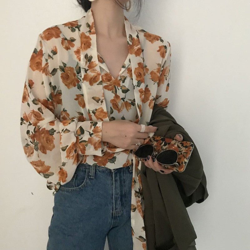 Dames Retro Bloemen Chique Chiffon Lente Herfst Mode Vetersluiting Ontwerp Zachte Vrouwelijke Shirts Top Ins