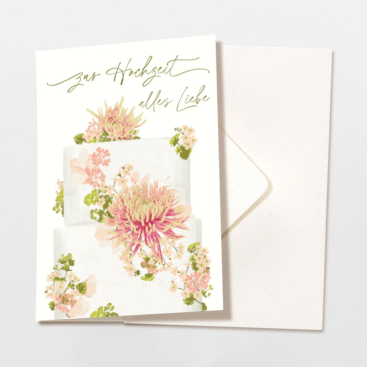 Folding card 'all the best for the wedding' cake with flowers, including envelope