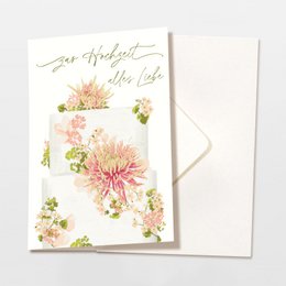 Folding card 'all the best for the wedding' cake with flowers, including envelope