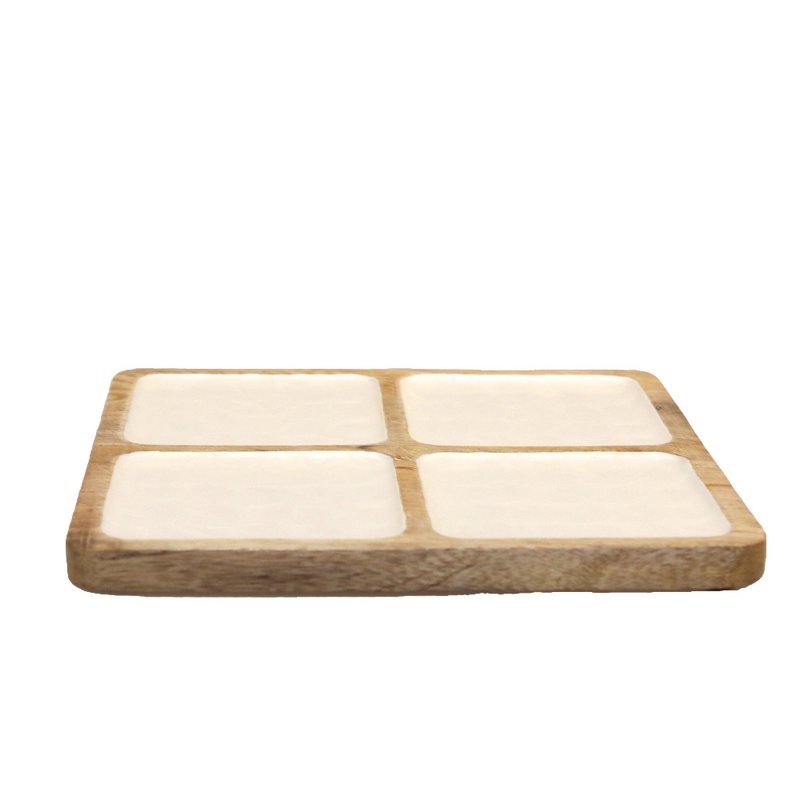 Plato cuadrado blanco 4 compartimentos de madera de mango