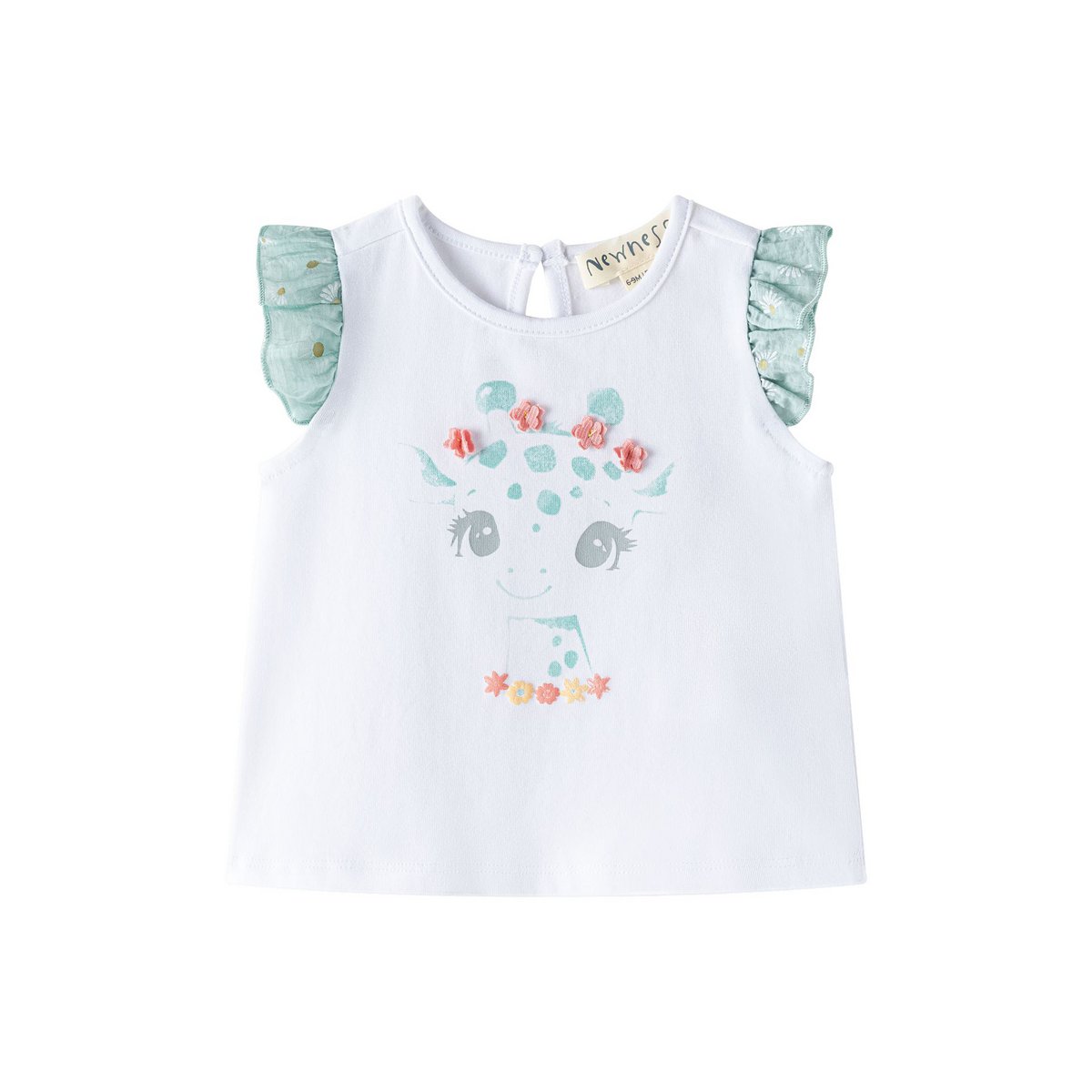 Wit T-shirt met ruchemouwen en roze giraffe BGV66583