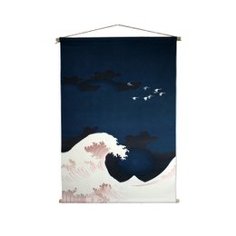 Wall hanging wave & cranes fabric 90x130 cm blue cotton