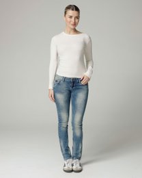 Blue slim fit jeans with used effect wash, distressed denim, long legs, casual style.