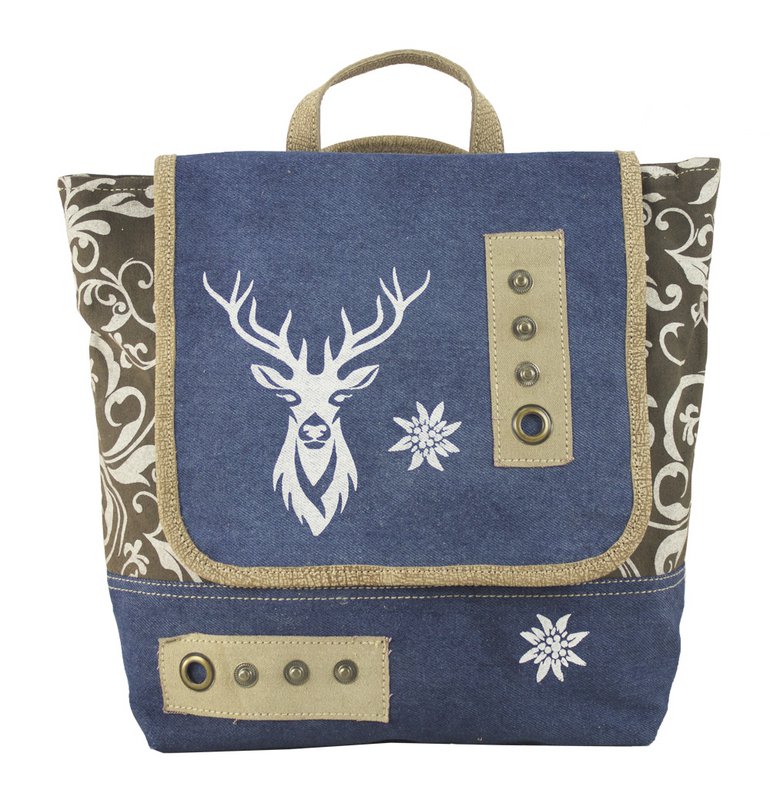 Domelo traditionele rugzak/schoudertas voor meisjes. Rugzak gemaakt van upcycled jeans en canvas met een hertenmotief