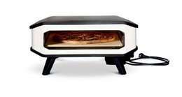  Compact electric pizza oven with stone base, 17-inch capacity, 2200W power, 230V voltage, for outdoor or indoor use.