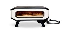 Compact electric pizza oven with stone base, 17-inch capacity, 2200W power, 230V voltage, for outdoor or indoor use.