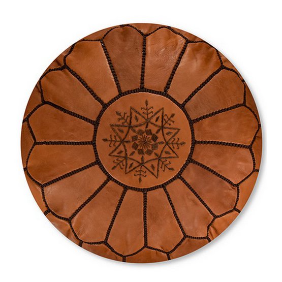 Leather Pouffe - Caramel Brown