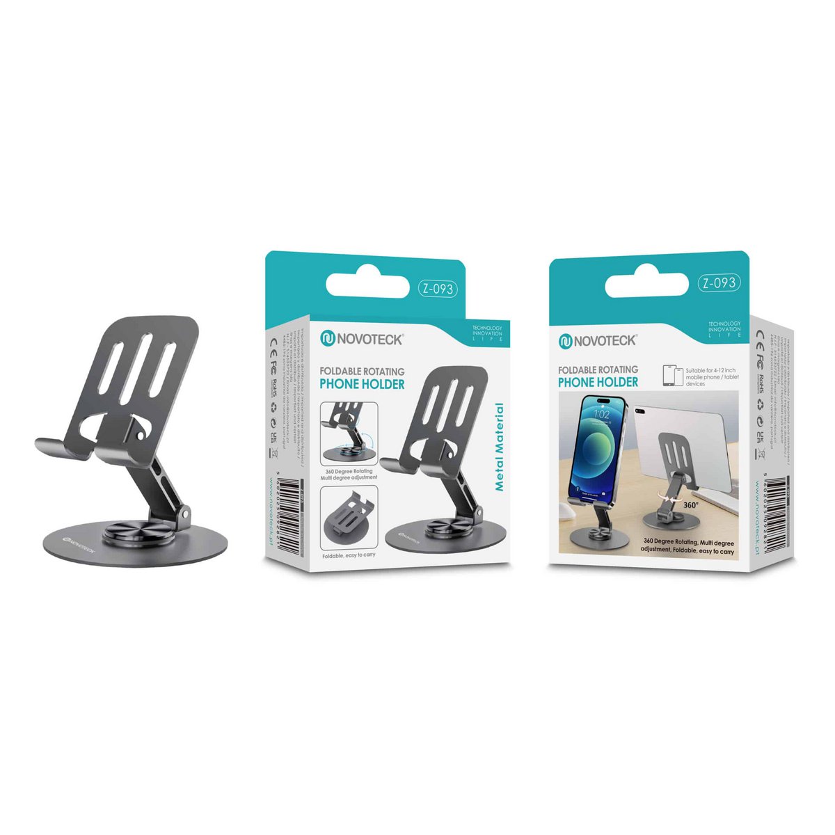 NOVOTECK Z-093 Soporte Giratorio Plegable para Teléfono – Soporte Metálico Ajustable 360° para Smartphones y Tabletas