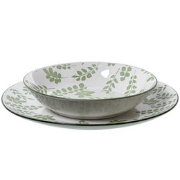 SERVIZIO PIATTI 18 PEZZI PORCELLANA BIANCA FOGLIE VERDI, PIATTO PIANO: ø27 _DESSERT:°19CM, PROFONDO:°20X4CM CU7264