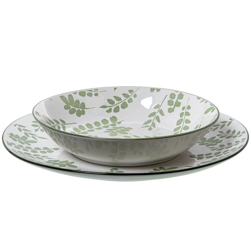 SERVIZIO PIATTI 18 PEZZI PORCELLANA BIANCA FOGLIE VERDI, PIATTO PIANO: ø27 _DESSERT:°19CM, PROFONDO:°20X4CM CU7264