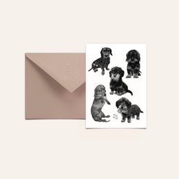 Postcard featuring black and white illustrations of dachshund dogs. The postcard is part of the "Teckel crew" collection and is suitable for sending as a greeting card or for display.