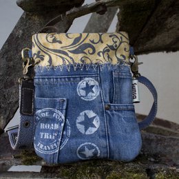 Sunsa petit sac à bandoulière durable. Sac à bandoulière pour femme fabriqué à partir de jeans recyclés et de toile (toile). Sac à main style rétro vintage. Sac bandoulière pour femme.
