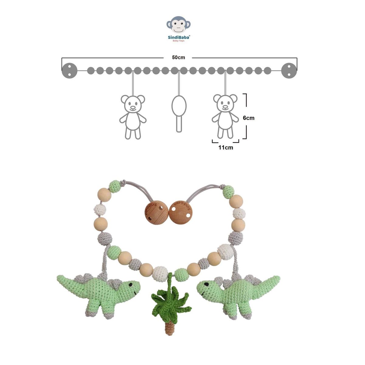 Crocheted stroller chain dinosaur DINO in mint