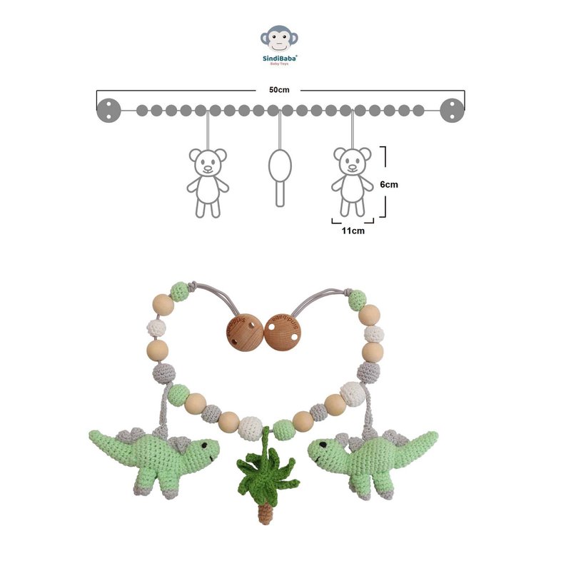 Gehäkelte Kinderwagenkette Dinosaurier DINO in Mint