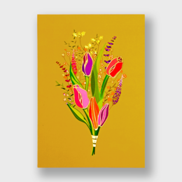  Vibrant bouquet of pink tulips with green stems and leaves against a yellow background. The tulips have a stylized, artistic design with gold foil accents.