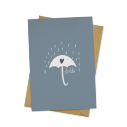 A gray greeting card with a white umbrella and heart symbol, conveying a message of condolence and support during a time of bereavement.