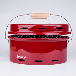 Enamel barbecue in burgundy, turquoise, red speckled, blue speckled, cream speckled, and black colors. Oval-shaped with a domed lid and metal handles.