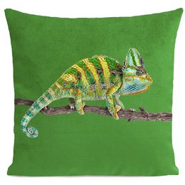 This cushion features a vibrant green chameleon with a patterned body. The cushion is available in two sizes, 40x40cm and 60x60cm, and comes in the color Vert vif (bright green).
