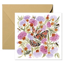  Colorful greeting card featuring a floral design with a butterfly and various flowers such as knapweed, dahlias, and other vibrant blooms.