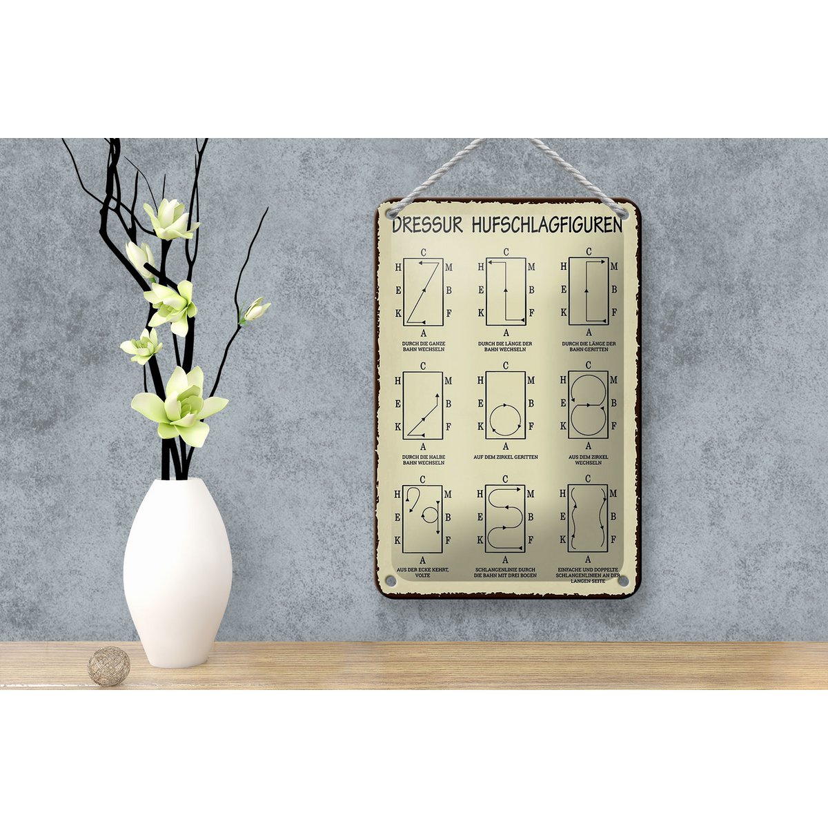 Tinnen bord met de tekst 12x18cm dressuur hoefslagfiguren decoratie