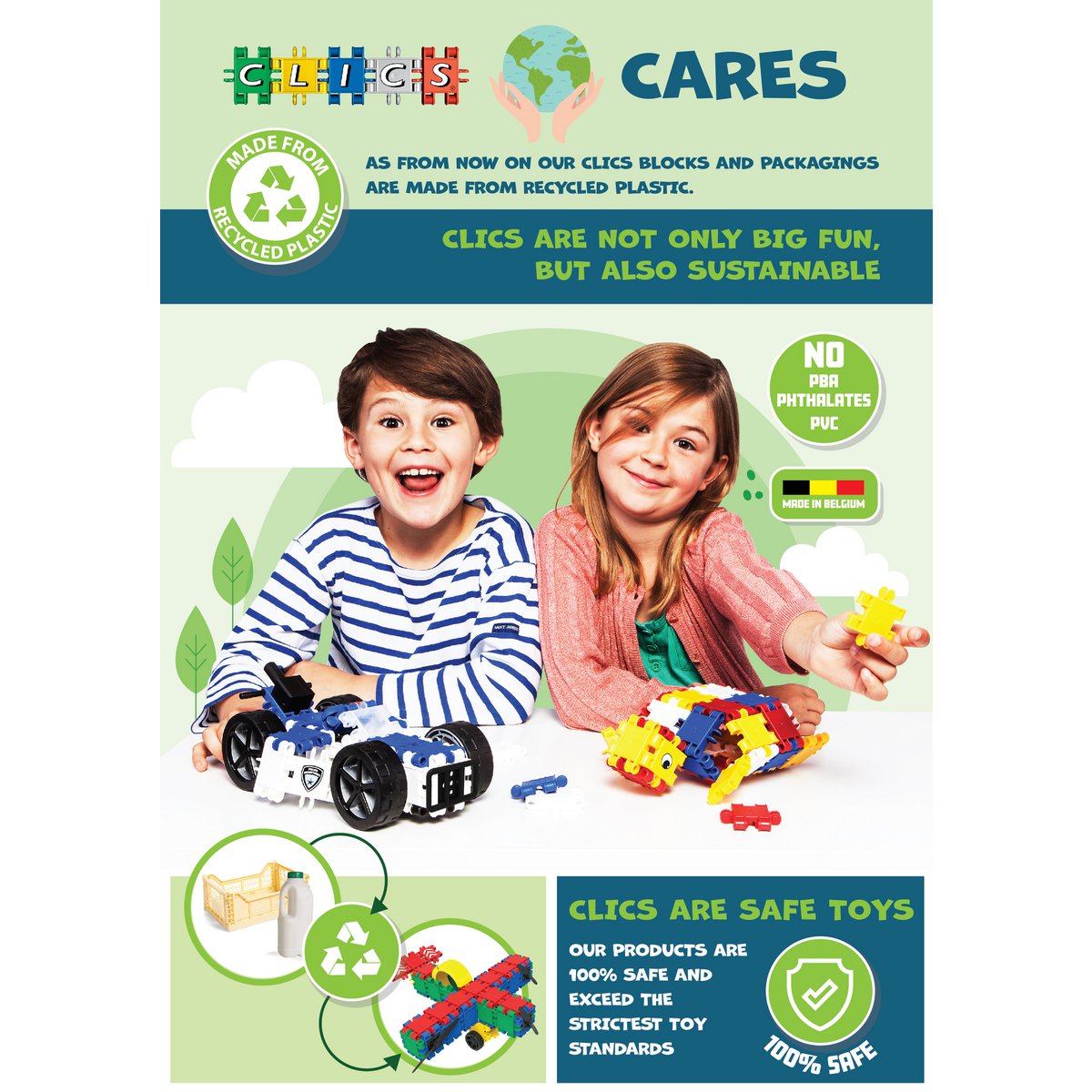 Clics building blocks– DURABLE TOYS made of RECYCLED PLASTIC (Made in Belgium)- Glitter building set 8 in 1