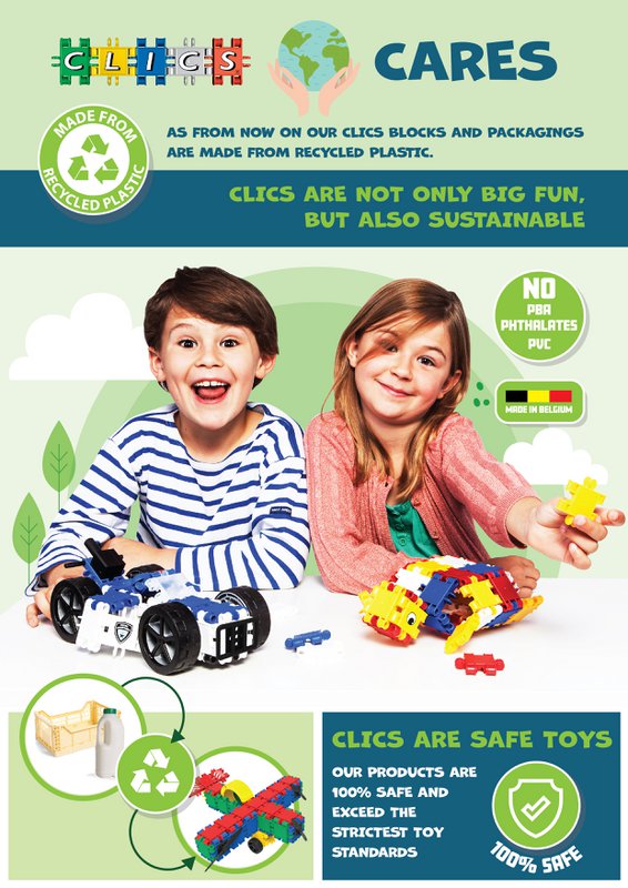 Clics building blocks– DURABLE TOYS made of RECYCLED PLASTIC (Made in Belgium)- Glitter building set 8 in 1