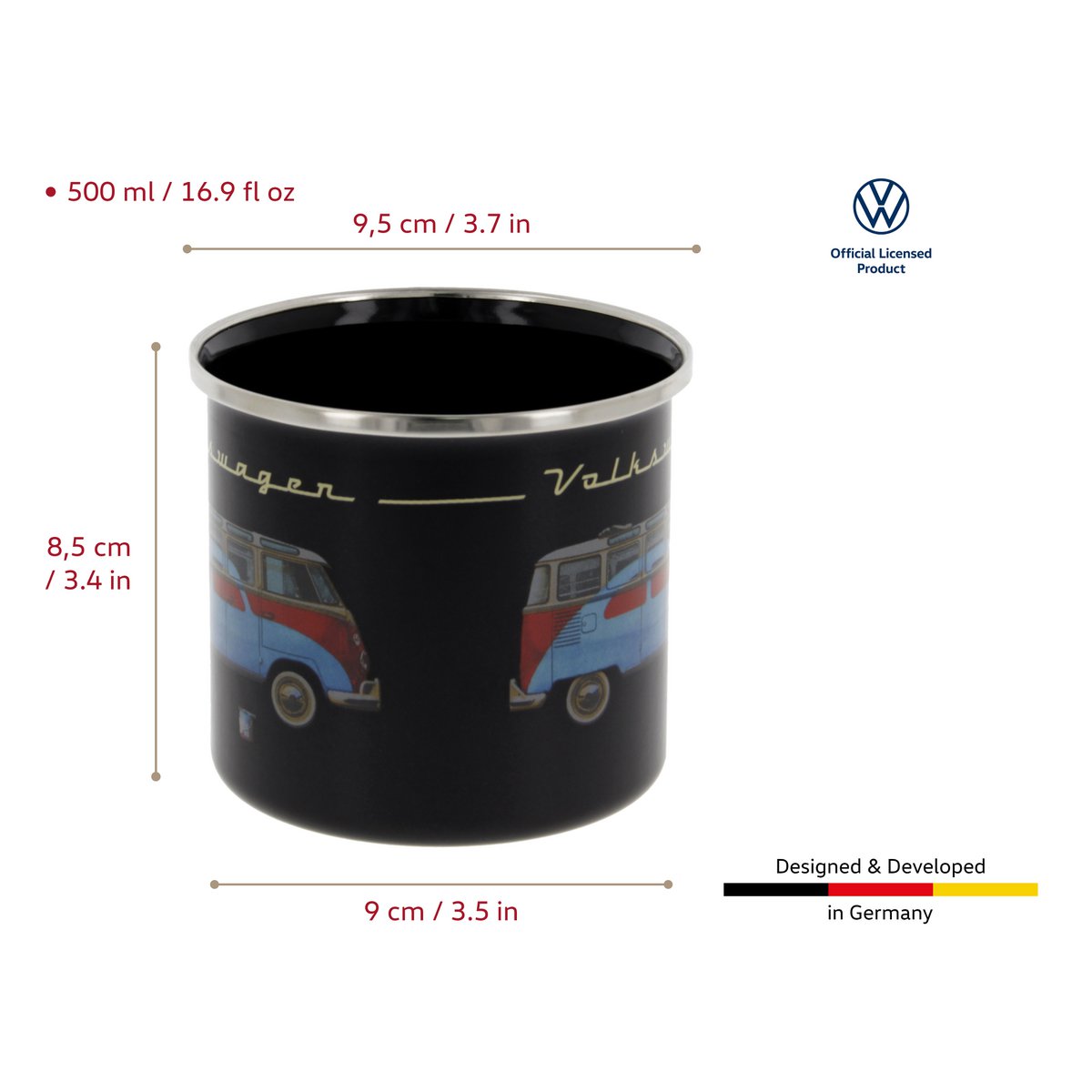 Volkswagen VW T1 Bus Enamel Mug 500ml in Gift Box - Samba & Beetle/Black