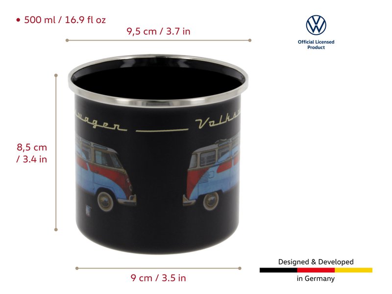 Volkswagen VW T1 Bus Emaljekrus 500ml i gaveæske - Samba & Beetle/Sort