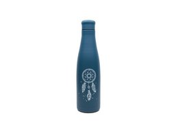 Insulated stainless steel thermos bottle with dreamcatcher design in navy blue color.