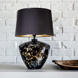 Bordlampe af glas, pæreformet, stor, plettet med sort lampeskærm