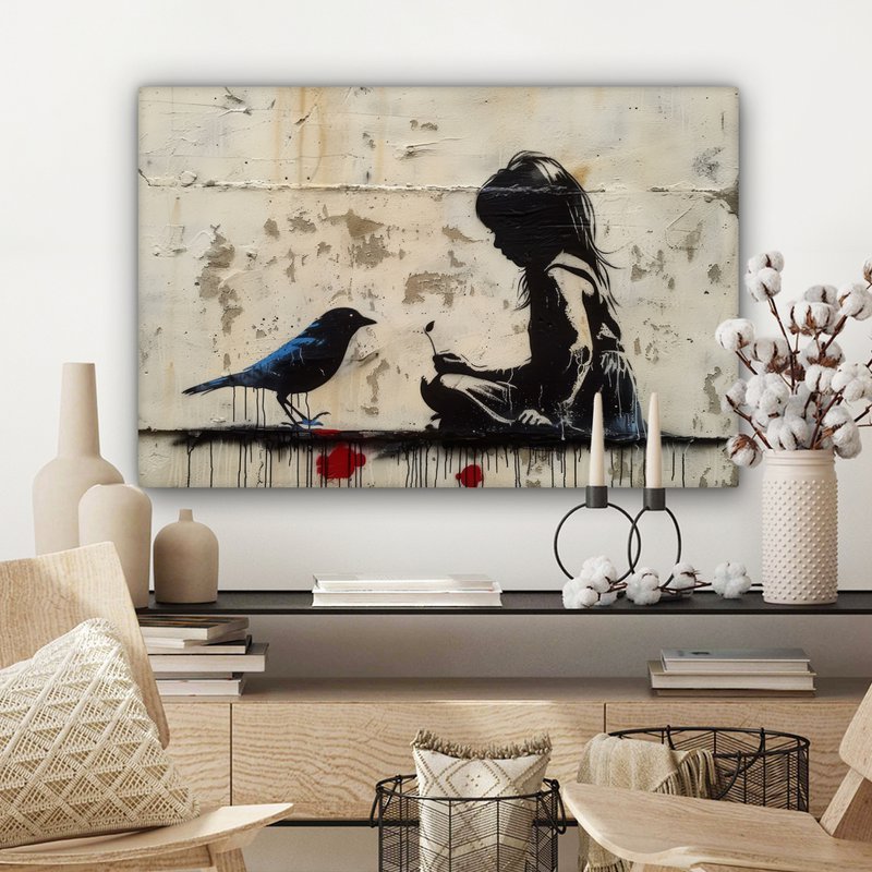 Canvas schilderij - Wanddecoratie Meisje - Street art - Vogel - Abstract - Graffiti - Modern - Muurdecoratie woonkamer - Kamer decoratie modern - Abstracte schilderijen