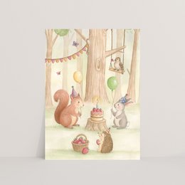 Postcard with forest party scene featuring woodland animals, colorful bunting, and a tree stump.