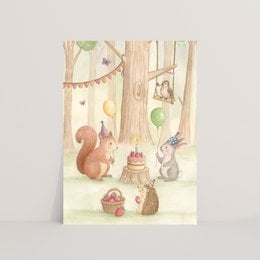 Postcard with forest party scene featuring woodland animals, colorful bunting, and a tree stump.