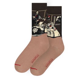 Beige socks featuring a print of the famous painting "Las Meninas" by Diego Velázquez. The socks have a classic crew length and are made from a comfortable cotton blend.