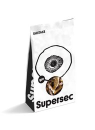 Dried shiitake mushrooms in a black and white package labeled "Supersec". The mushrooms have a distinctive cap shape and earthy appearance.